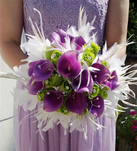 Piece Real Touch Lavender Calla Lily White Feather Bridal Bouquet