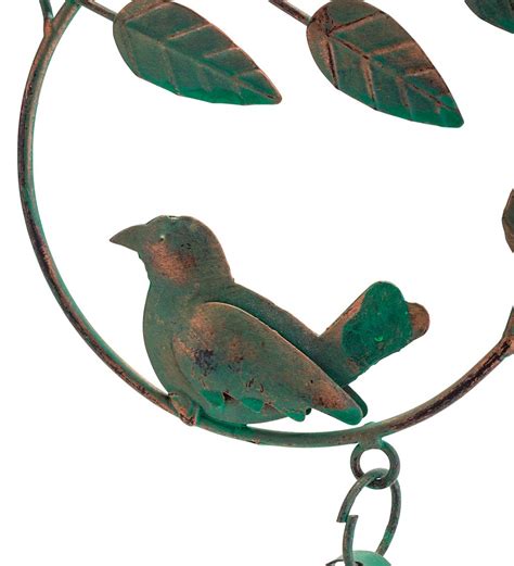 Metal Birds And Bells Wind Chime With Green Over Gold Patina Like