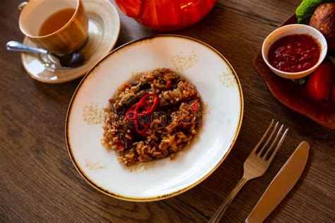 Uzbek Pilaf With Rice Meat Carrots And Onions Stock Image Image Of