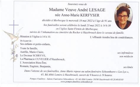 Avis De Décès Madame Anne Marie Lesage Née Kerfyser Pompes Funèbres Schoonheere