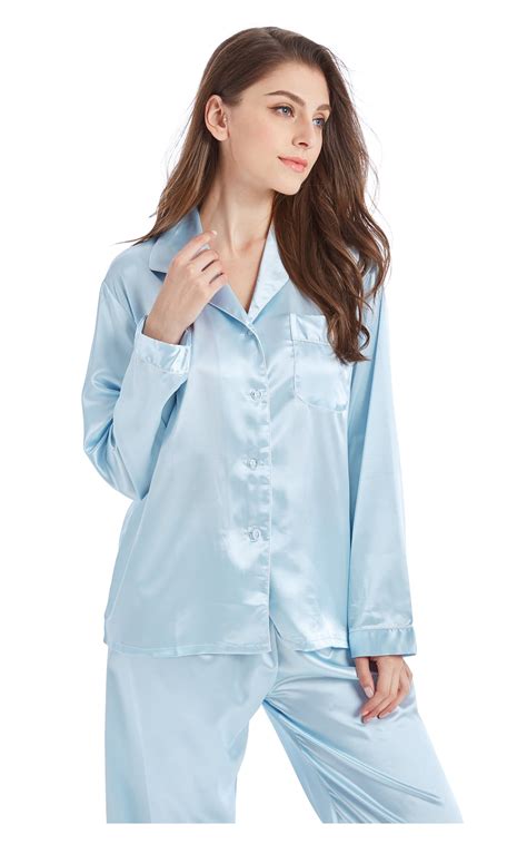 Womens Silk Satin Pajama Set Long Sleeve Light Blue With White Piping
