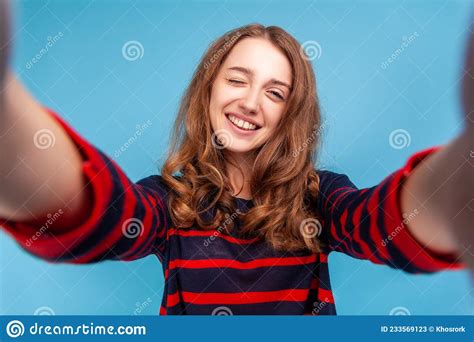 Attractive Woman Taking Selfie Pov Winking To Camera Being In Excellent Mood Flirting Stock