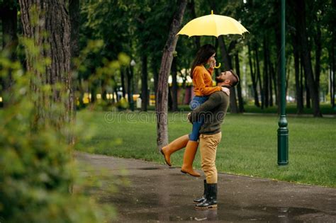 Happy Love Couple Enjoys Summer Rainy Day Stock Image Image Of Nature