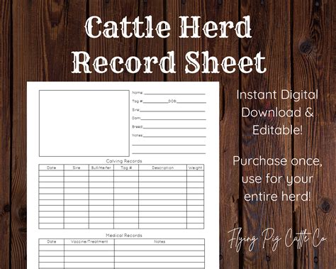 Cattle Herd Record Sheet Editable Instant Digital Download Record