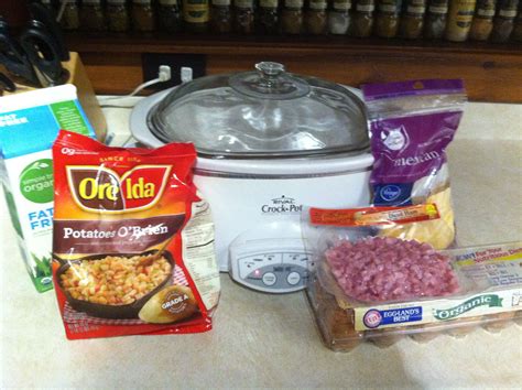 Fry the sausage, and add to the potatoes, the 5 beaten eggs, milk, cheese, and salt. Easiest Breakfast casserole for crockpot!! 1 bag of potatoes o'brien frozen, 1 package of diced ...