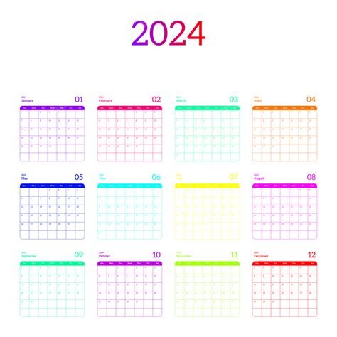 Colorful 2024 Calendar Template Design Vector 2024 Calendar