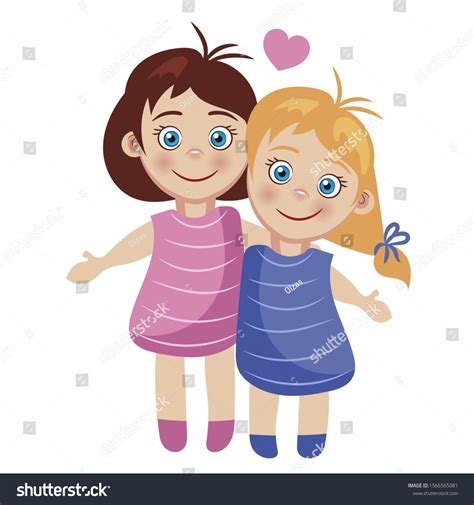 Vektor Stok Sisters Two Little Girls Hug Each Tanpa Royalti
