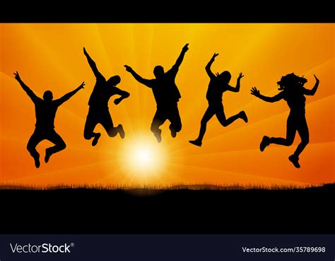 People Friends Jumping At Sunset Silhouette Vector Image
