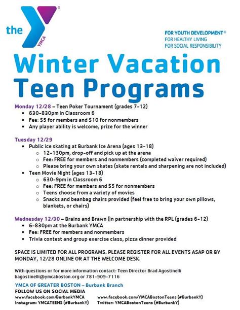 burbank ymca offers winter vacation teen activities north reading ma patch