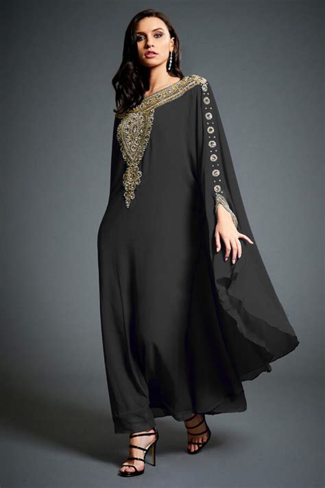 Amina Gold Embellished Evening Black Kaftan Maxi Dress Jywal London
