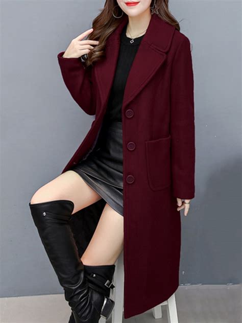 Red Long Slim Plain Wool Button Coat Style V101630 Vedachic