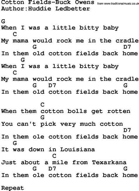 Country Musiccotton Fields Buck Owens Lyrics And Chords Lyrics And