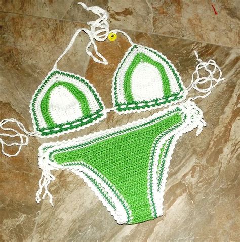 crochet handmade 2 piece bikini green and white by brendasbikinibeach on etsy green bikini