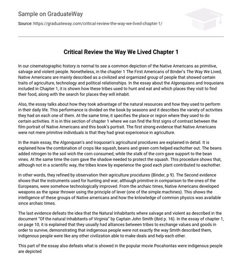 Critical Review The Way We Lived Chapter 1 Free Essay Example 564 Words