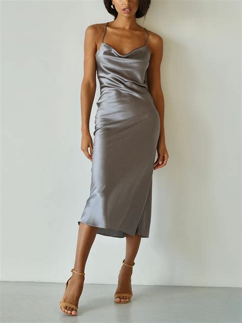 Cowl Neck Silk Slip Dress Midi Bias Cut Gray Silk Dress Gray Etsy