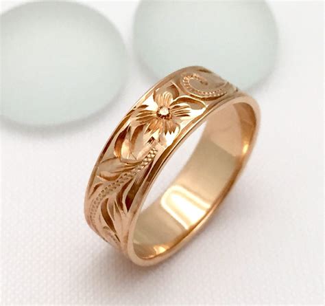 Traditional Hawaiian Hand Engraved 14k Gold Ring (6mm width, Flat Styl