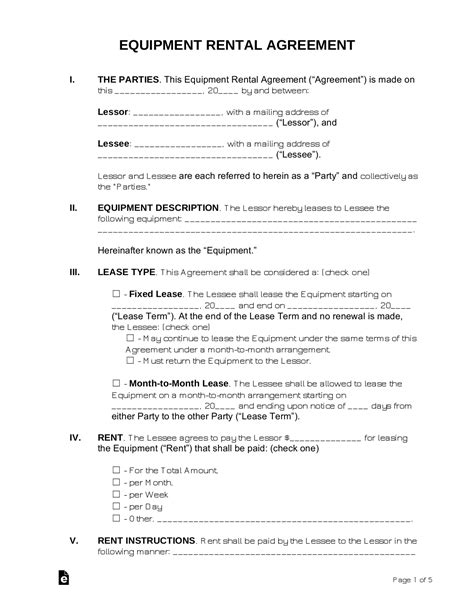 Free Equipment Lease Agreement Template Word Pdf Eforms