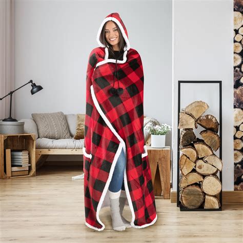 Wearable Hooded Throw Blanket Buffalo Plaid 52 X 72 Red And Black
