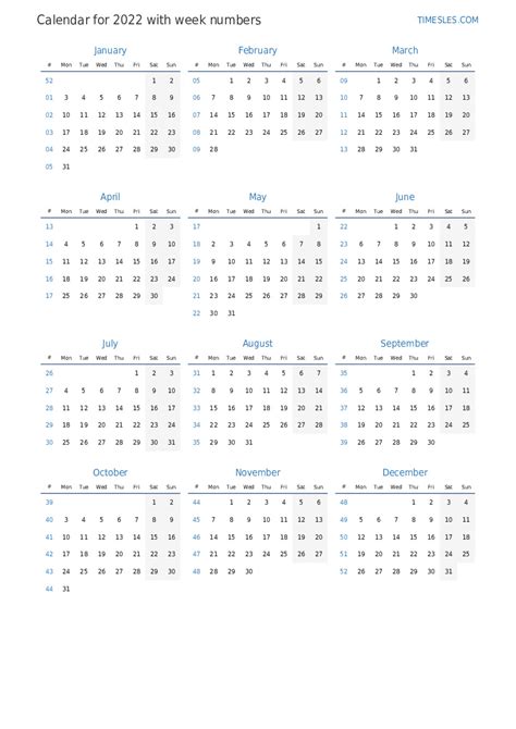 Printable 2022 Yearly Calendar 6 Templates 2022 Calendar With Week