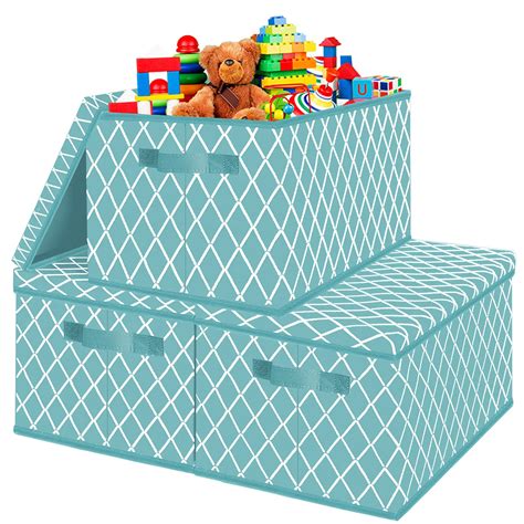 Buy Stackable Storage Box With Lid Large Foldable Clothes Toy Boxes Blue Fabric Cube Basket