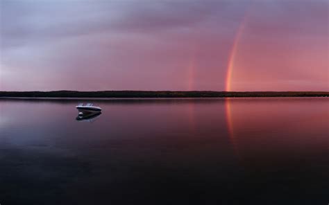 Nature Landscape Water Reflection Boat Rainbows Lake Horizon