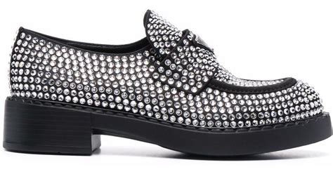 Prada Leather 40mm Crystal Embellished Loafers In Silver Metallic Lyst