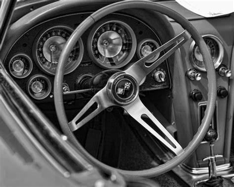 1963 Chevy Corvette Steering Wheel And Dash Board Black And White