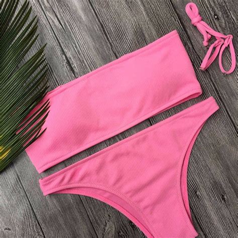 8 Color 2018 New Sexy Bandeau Ribbed Bikini Two Pieces Swimsuit Female