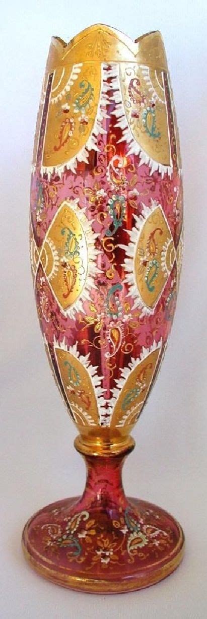 Cranberry Bohemian Glass Goblet Shaped Vase Heavy Gold And Enamel 19th Century Bohemian
