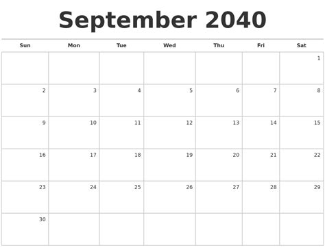 September 2040 Blank Monthly Calendar