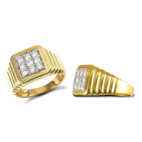 Men S Solid Ct Yellow Gold White Round Brilliant Cubic Zirconia Stone Square Cluster Ribbed