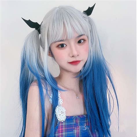 blue gradient wig straight wigs wigs with bangs cosplay etsy