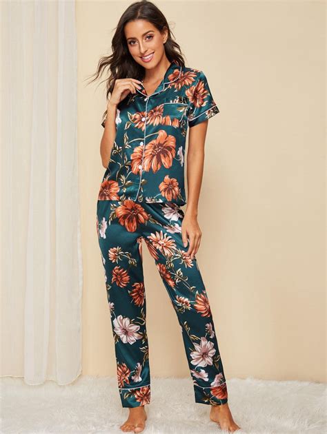Floral Print Satin Pajama Set Romwe Cute Sleepwear Sleepwear Sets Sleepwear Women Pajamas