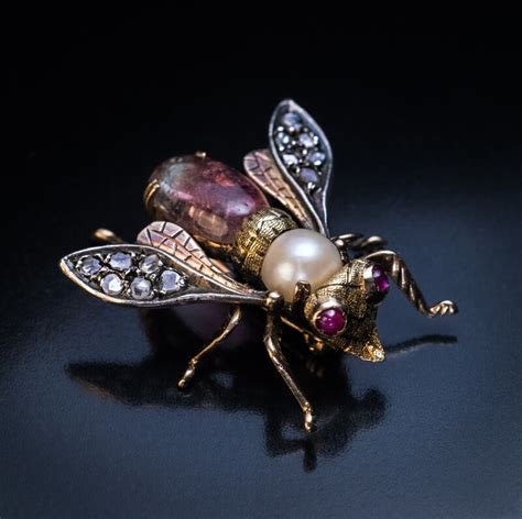 Antique Late 19th Century Jeweled Gold Insect Brooch Antique Jewelry