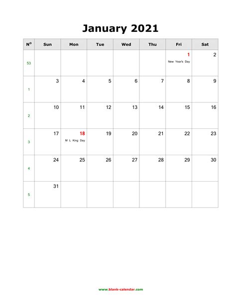 Download January 2021 Blank Calendar With Us Holidays Vertical Eastern