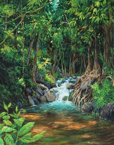 Rain Forest Scene Jungle Stream Painting Waterfall Picture Etsy