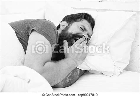 Early Morning Bearded Man Yawn In Bed Wake Up At Morning Bachelor