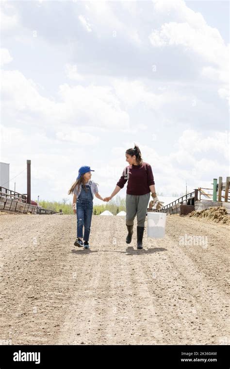 Mother And Daughter Holding Hands Walking On Sunny Farm Dirt Road Stock