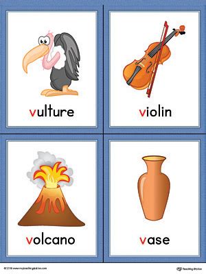 Letter V Words and Pictures Printable Cards: Vulture, Violin, Volcano