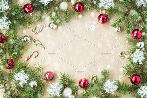 Festive Christmas Border With Red Balls On Fir Branches And Snowflakes