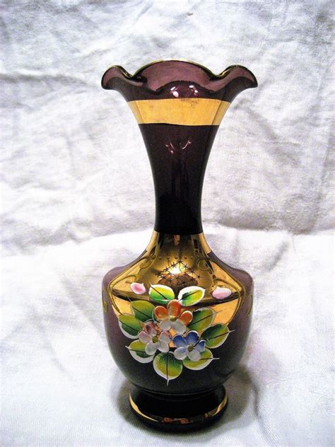 Bohemian Amethyst Crystal Vase Gilt Gold And Raised Enamel Flowers Ruffled Rim Crystal Vase