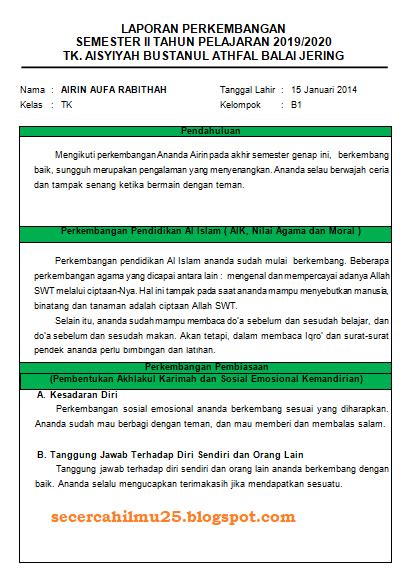 Contoh Narasi Raport Tk Semester 2 Tahun 2020 - Pamuruyan