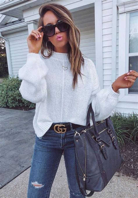 Ootd White Sweater Skinny Jeans Bag Comfy Sweaters Outfits