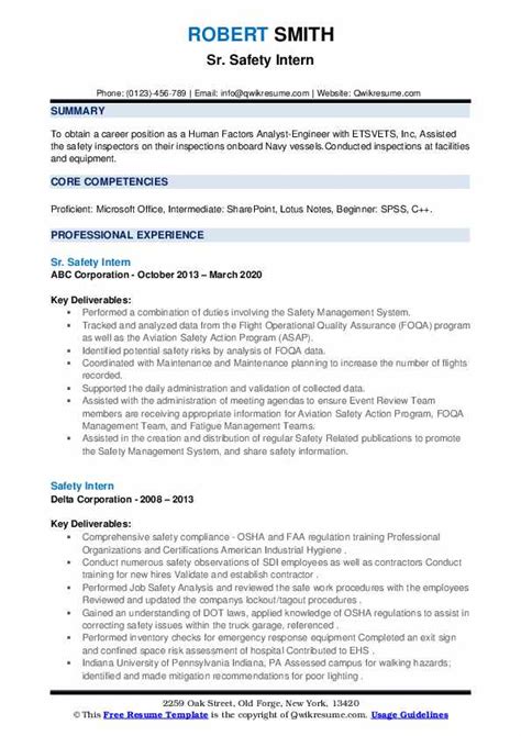 Creating a strong quality assurance inspector resume is the first thing you need to do to grab the attention of hiring managers and recruiters while hunting for a quality assurance inspector job. Safety Intern Resume Samples | QwikResume