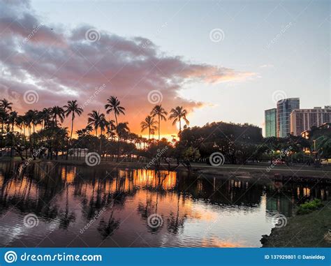 Sunset From Ala Moana Beach Park Stock Image Image Of Coconut