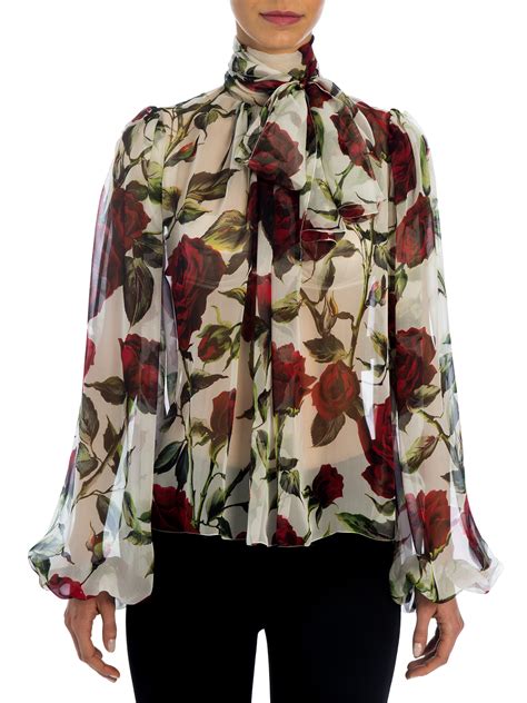 Lyst Dolce And Gabbana Rose Silk Chiffon Tie Neck Blouse In Red