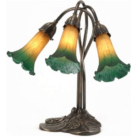 Victorian Or Edwardian Art Nouveau Table Lamp Amber Green Lily Shades