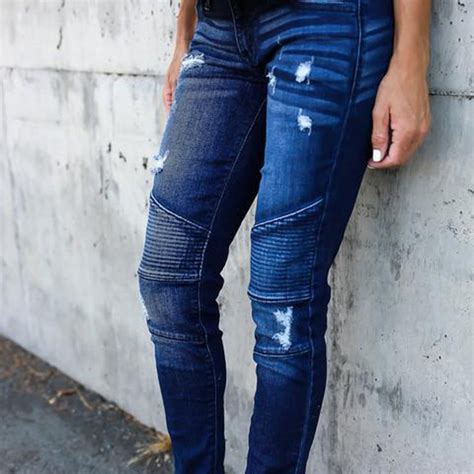 Skinny Leg Ripped Pleated Denim Jeans Fray