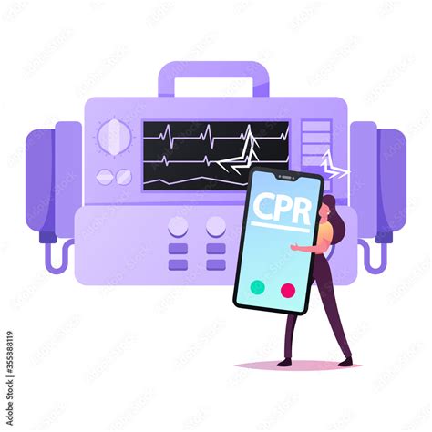 Tiny Female Character Holding Huge Smartphone Call Cpr Emergency Service Stand At Huge