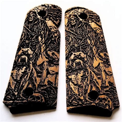 1911 Custom 3d Engraved Walnut Wood Grips Grim Reaper Hell Dogs Skull